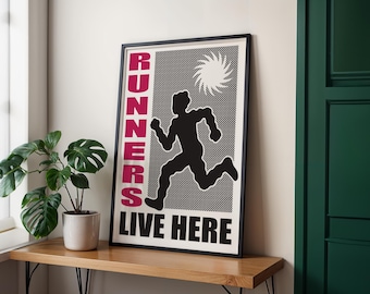 Fun Running Print, Runners Live Here Bold Art Poster, Marathon Gift, A0, A1, A2, A3, A4