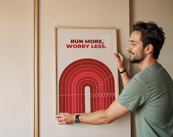Running Track Art Print: Retro Runner Gift, Motivational Quote Run More Worry Less Decor Positivity Mental Health A0, A1, A2, A3, A4