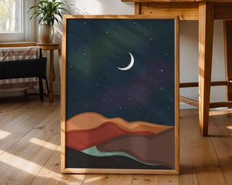 Illustrated Moon and Stars Aurora Print, Mountain trails, Wall Poster, Milky Way, Home Art, Run Gift, Space Poster, A0, A1, A2, A3, A4 Print