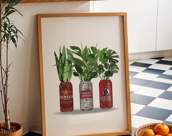 Beers and Plants Print: Estrella, Stella, Madri, House Plant Illustrated Poster A0, A1, A2, A3, A4