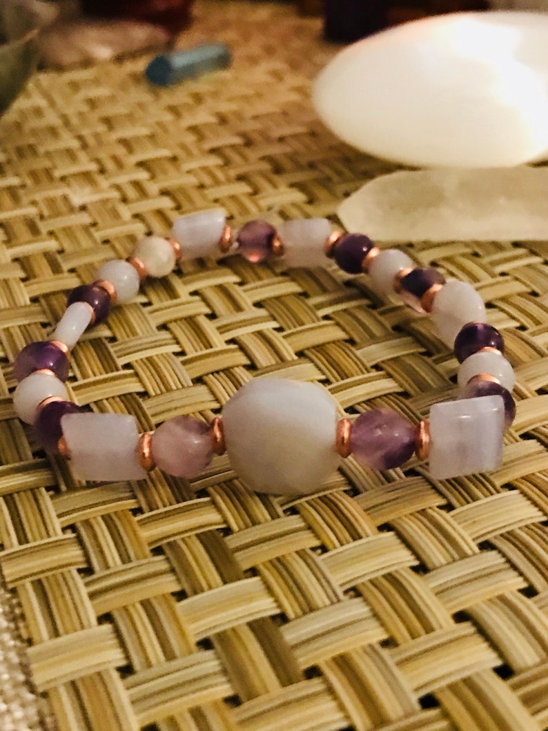 Calming , peace , cooling , tranquility , helps stress, strain, irritability, amethyst, blue lace agate image 2