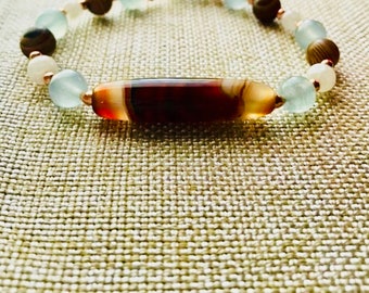 BEACH BRACELET !!Spiritual awakening , heals soul fragments , soothing , calming , strengthening -Large tube agate, blue flourite , copper