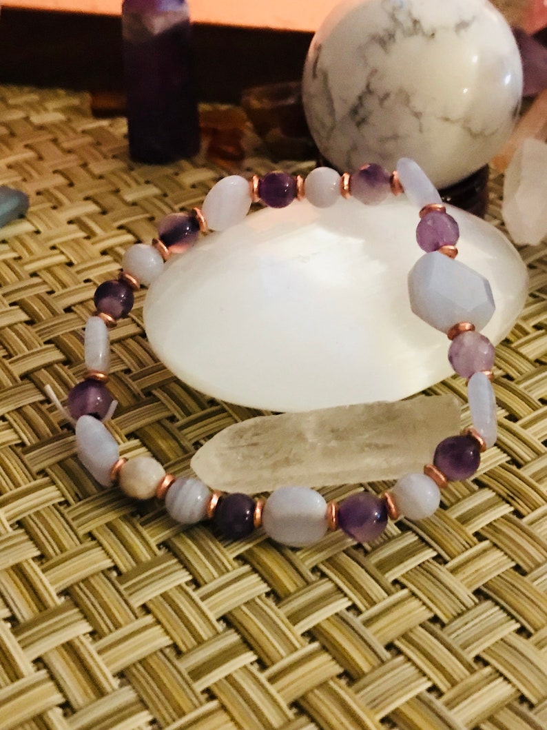 Calming , peace , cooling , tranquility , helps stress, strain, irritability, amethyst, blue lace agate image 3