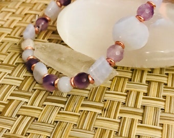 Calming , peace , cooling , tranquility , helps stress, strain, irritability, - amethyst, blue lace agate