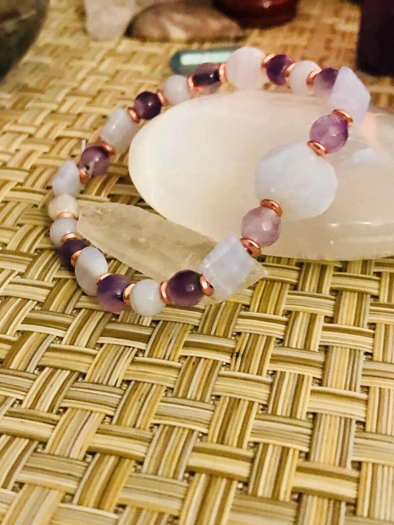 Calming , peace , cooling , tranquility , helps stress, strain, irritability, amethyst, blue lace agate image 1