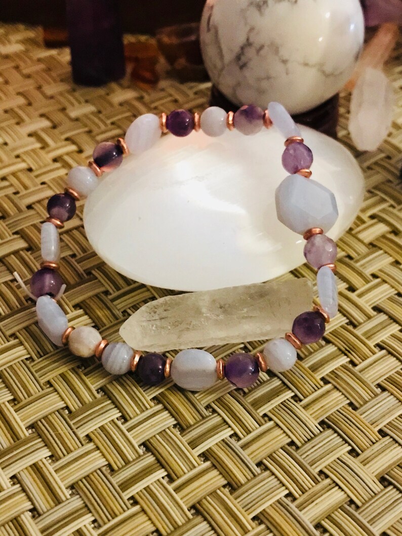 Calming , peace , cooling , tranquility , helps stress, strain, irritability, amethyst, blue lace agate image 6