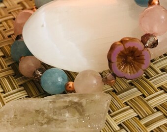 Serenity, courage, Compassion, unconditional love, self worth- rose quartz ,copper, aquamarine , Czech Republic flowers