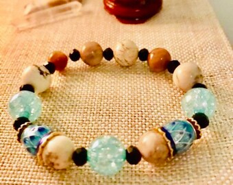 Stress-anxiety relief, helps with mood- cheerful stone~ aqua glass crackle beads - beautiful detail beads