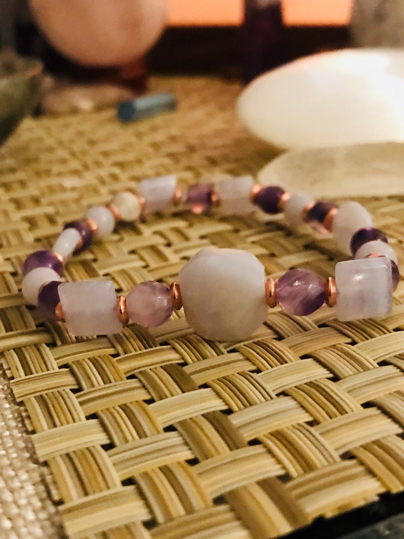 Calming , peace , cooling , tranquility , helps stress, strain, irritability, amethyst, blue lace agate image 5