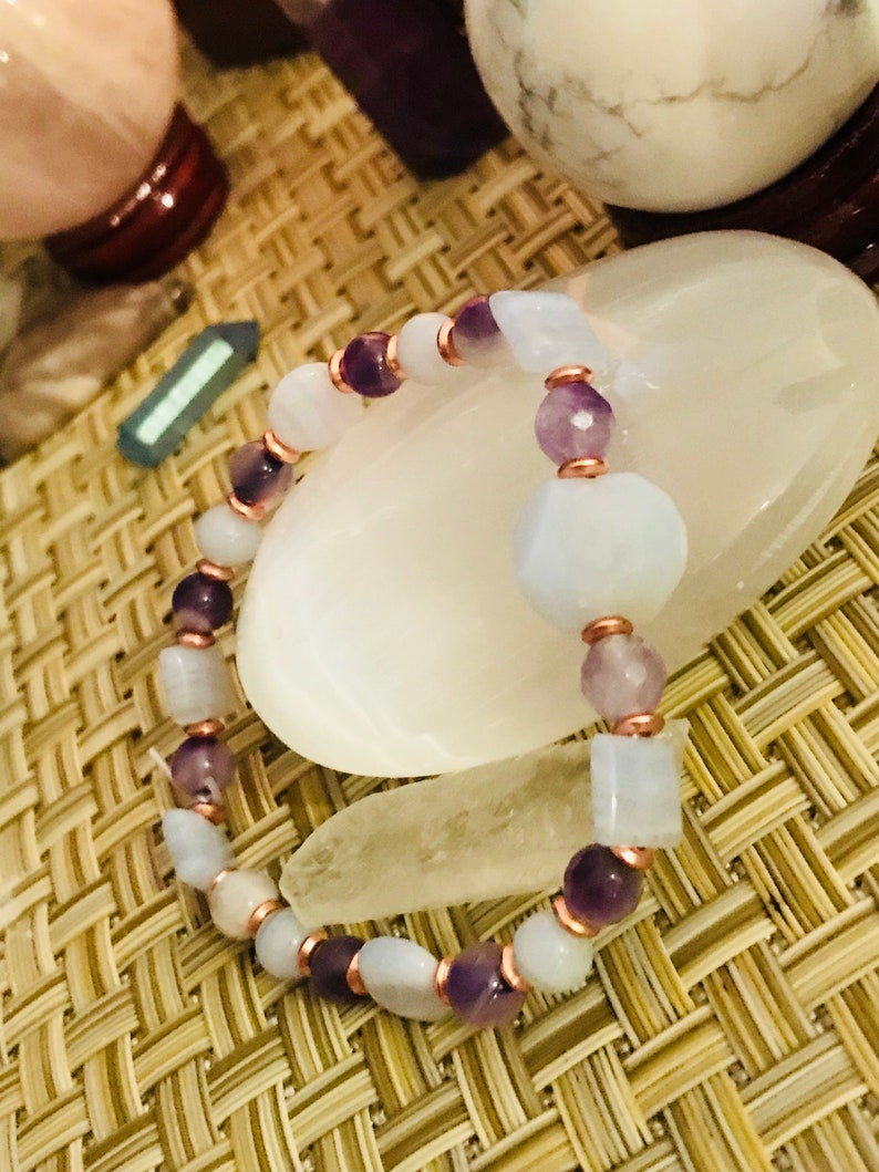 Calming , peace , cooling , tranquility , helps stress, strain, irritability, amethyst, blue lace agate image 8