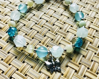 SUMMERTIME -Courage, serenity , calms in times of stress~ 3 diffrent aquamarine - sterling silver butterfly charm,  beads & toggle