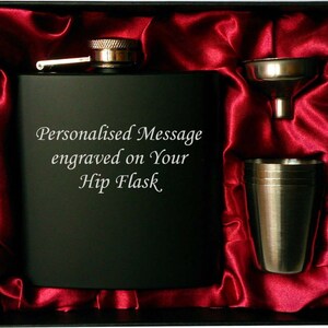 Personalised 6oz black HIP FLASK in GIFT box with funnel and 4 shots red liner image 1