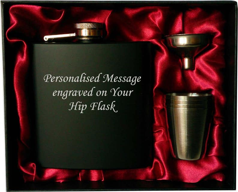 Personalised 6oz black HIP FLASK in GIFT box with funnel and 4 shots red liner image 1