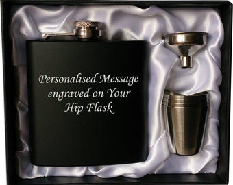 10 pcs Personalised 6oz black HIP FLASK in GIFT box with funnel and 4 shots (white liner)