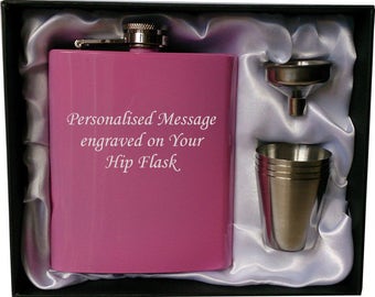 Personalised 7oz pink HIP FLASK in GIFT box with funnel and 4 shots (white liner)