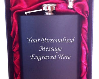 Personalised 7oz black HIP FLASK in GIFT box with funnel (red liner)