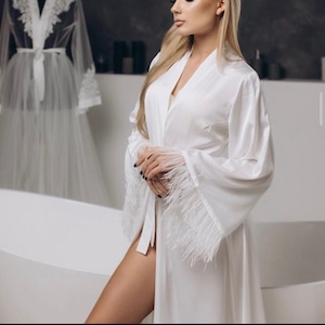 Robe with feathers Feather Trim Robes Long silk robe Silk boudoir robe Feather Bridal Robe Satin Feather robe Bridesmaid Robe Bridal Party
