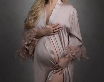 Blush feather robe feather trim robes Feather bridal robe Bride robe with feather sleeves Dressing gown Bridesmaid robes blush kimono