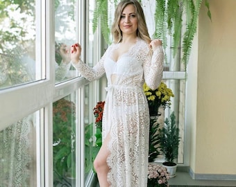 Roupão de noiva transparente com renda floral completa, quimono branco para se arrumar, roupão de renda Chantilly, roupão longo de renda para gestantes, presente de boudoir para noiva.