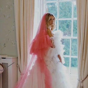 Pink Wedding Veil With Ruffles Pink bridal veil Hen Party Veil Retro Weddings Unique bridal veil Hot Pink Ruffle Veil Bright Pink Veil