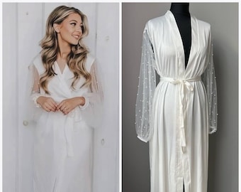 Bridal Robe with Pearl Sleeves Pearl Bride Robe pearls tulle bride robe wedding robe Maxi long bridal robe boudoir lingerie wedding kimono