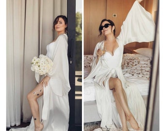 White Satin Bridal Robe Long bridal robe with train Wedding kimono Bridal dressing gown Maxi robe Kimono long Bride robe Bridal kimono
