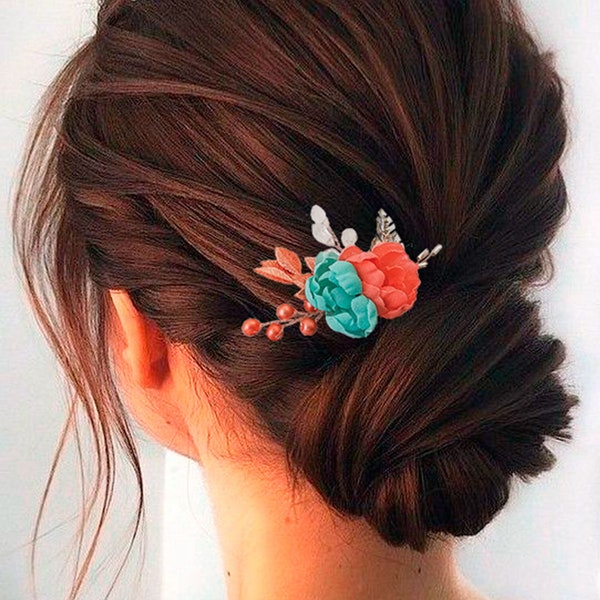 Beach wedding hair accessories Coral  turquoise silk bridal hair comb Blue turqoise hair piece Floral hair clip Flower headpiece for bride