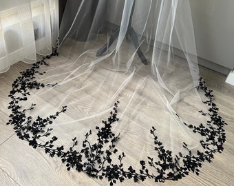 Embroidered Black Sequin Floral Lace Cathedral Wedding Veil  display picture 3