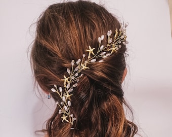 Beach Wedding Starfish Headpiece: Gold Bridal Hair Vine