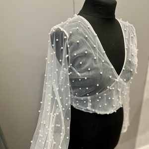 チュールパールウェディングジャケット パールウェディングショール パール付きカーディガン イブニングラップ ブライズメイドシュラッグ ケープレット ウェディングボレロ ホワイトケープレット