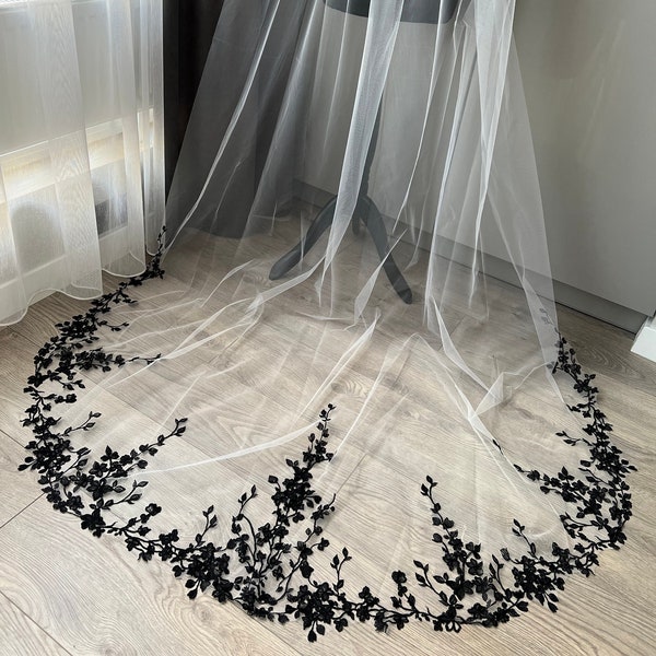 Black Lace Veil Gothic Cathedral Wedding Veil Black Floral Lace Veil Black Chapel Lace Veil with sequins goth bride veil With Black Lace