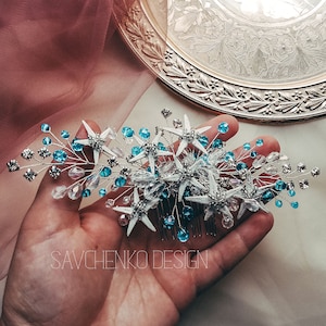 Blue mermaid hair piece aqua starfish hair clip beach wedding hair accessories seashell hairpiece ariel bridal hair comb conchiglia