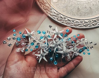 Blue mermaid hair piece aqua starfish hair clip beach wedding hair accessories seashell hairpiece ariel bridal hair comb conchiglia