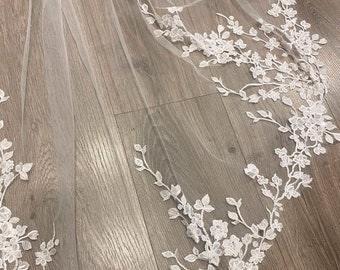 Flower wedding veil cathedral veil Boho wedding veil Chapel length floral veil lace edge bridal veil Celestial Flower Lace Embroidery Veil