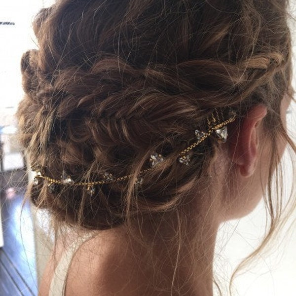 Swarovski bridal hair chain Bride hairpiece gold Swarovski crystal comb Half halo comb Backwards hair halo halo hair bridal Reverse headband