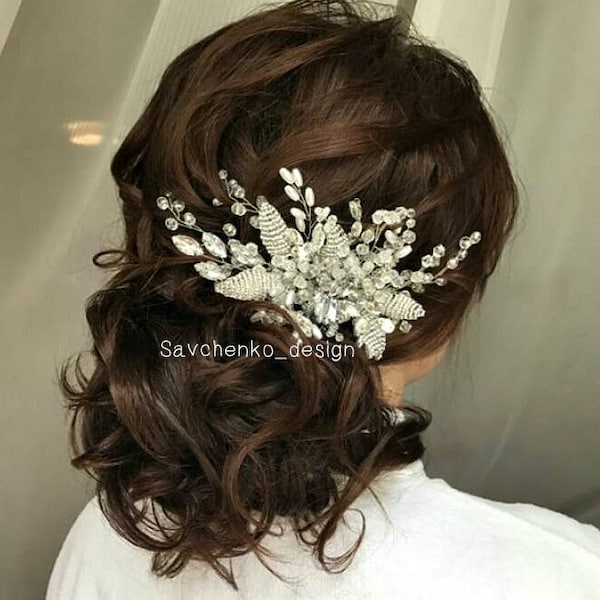 Bridal Hair Accessories Bridal Side Hair Piece Bride Hair Vine Crystal Side Headpiece Rose Gold Hair Comb Leaf Nautical Wedding Headpiece