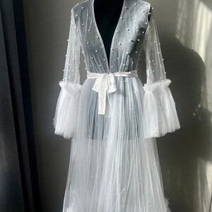 Bridal Robe With Pearl Bridal Tulle Robe Photo shoot pearl dress Maternity Photography Wedding Robe Pregnant Props Gown bridal sheer dress