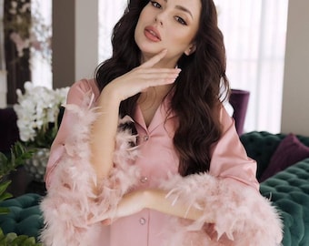 Feather Trim Satin Pajama Set: Bridal, Bridesmaid PJs