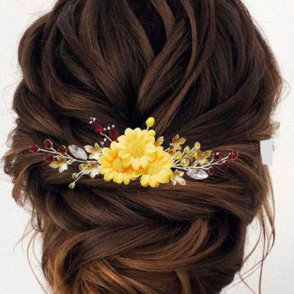 Sunflower hair comb with red beads and leafs Bridal Hair Piece sunflower wedding Yellow Hair Vine Sunflower hair piece Wedding hair clip