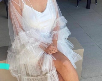 Wedding Ruffle Robe Bridesmaid Proposal Robe Sheer tulle ruffle robe Tulle Maternity Gown Sheer Maternity Boudoir kimono robe Pearl Robe