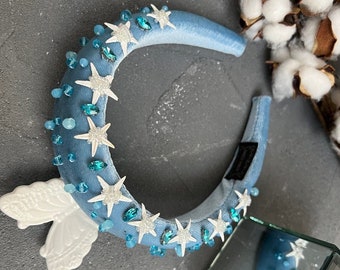 Beach Wedding Starfish Headband: Blue Beaded Flower Girl Crown