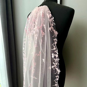 Light pink floral embroidery wedding veil Pink floral veil Pastel Dusty Pink Wedding Veil Wildflower veil Blush Pink Flower Bridal Veil