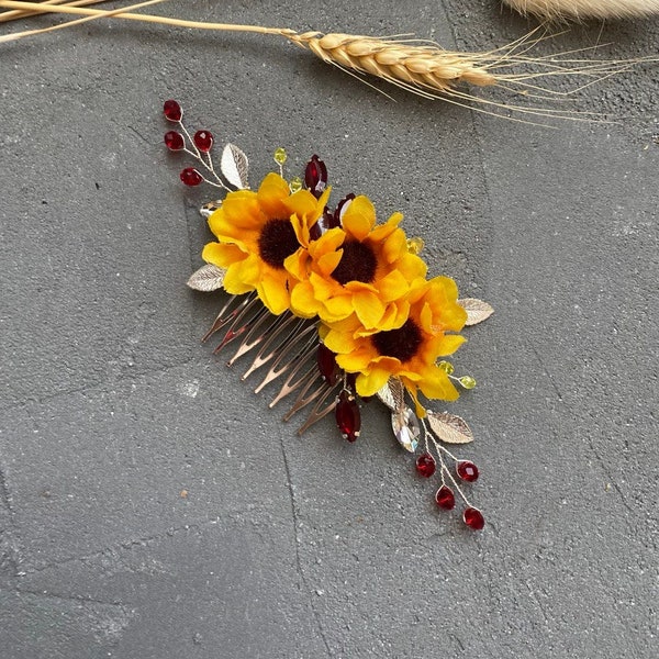 Sunflower Hair Comb Rustic Wedding Yellow Flower Comb Sunflower Bridal Headpiece boho hair vine Floral Hair Comb Sunflower Wedding