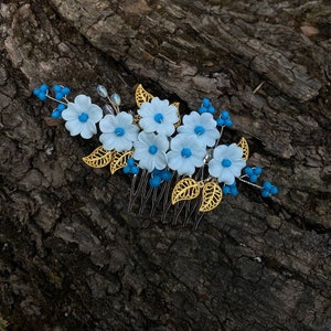 Dusty Blue hair flower hair comb Something blue hair accessory Bride hair piece gold leaf combs for hair Wedding headpiece Gift for bride