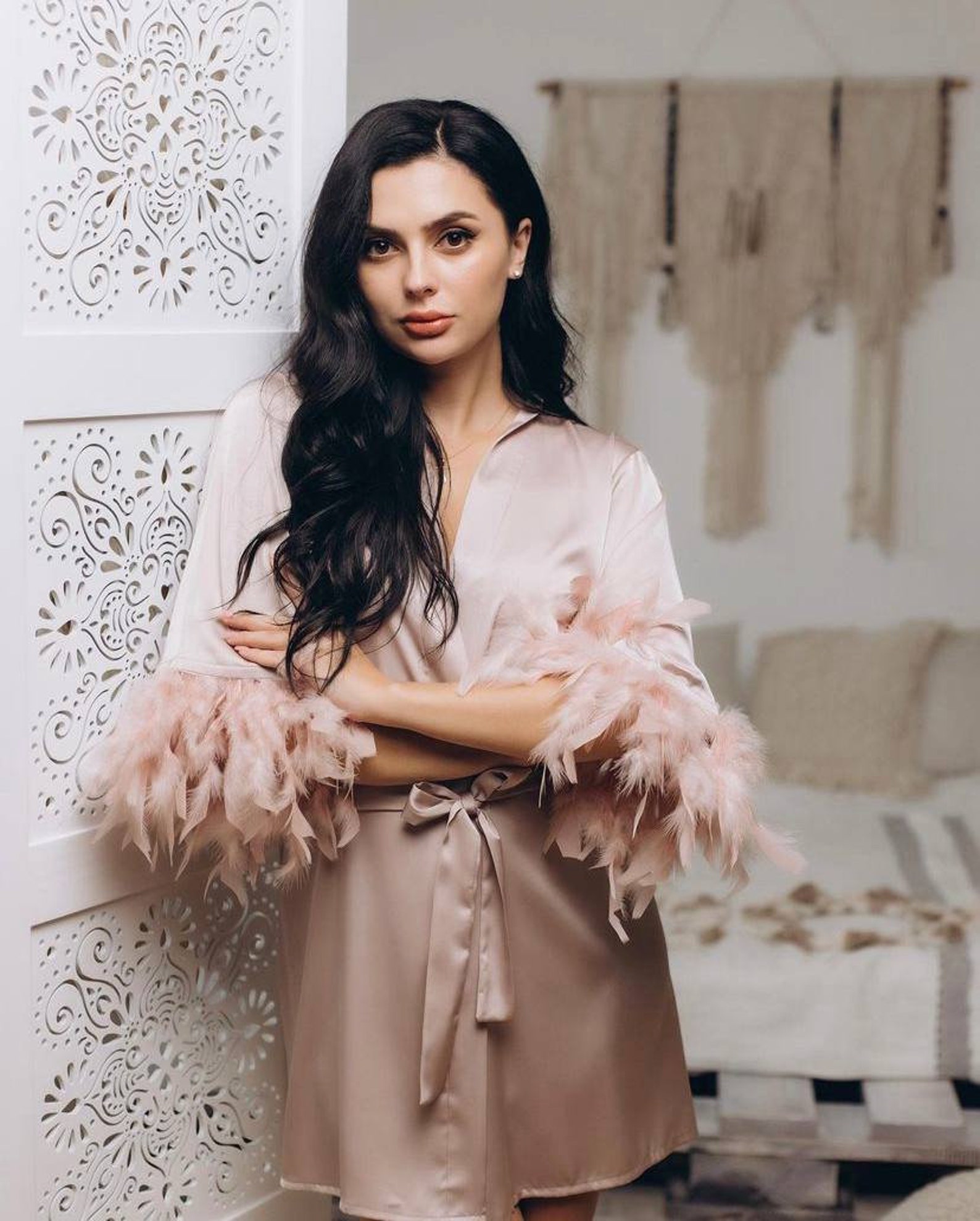 Blush Feather Robe Feather Trim Robes Feather Bridal Robe - Etsy