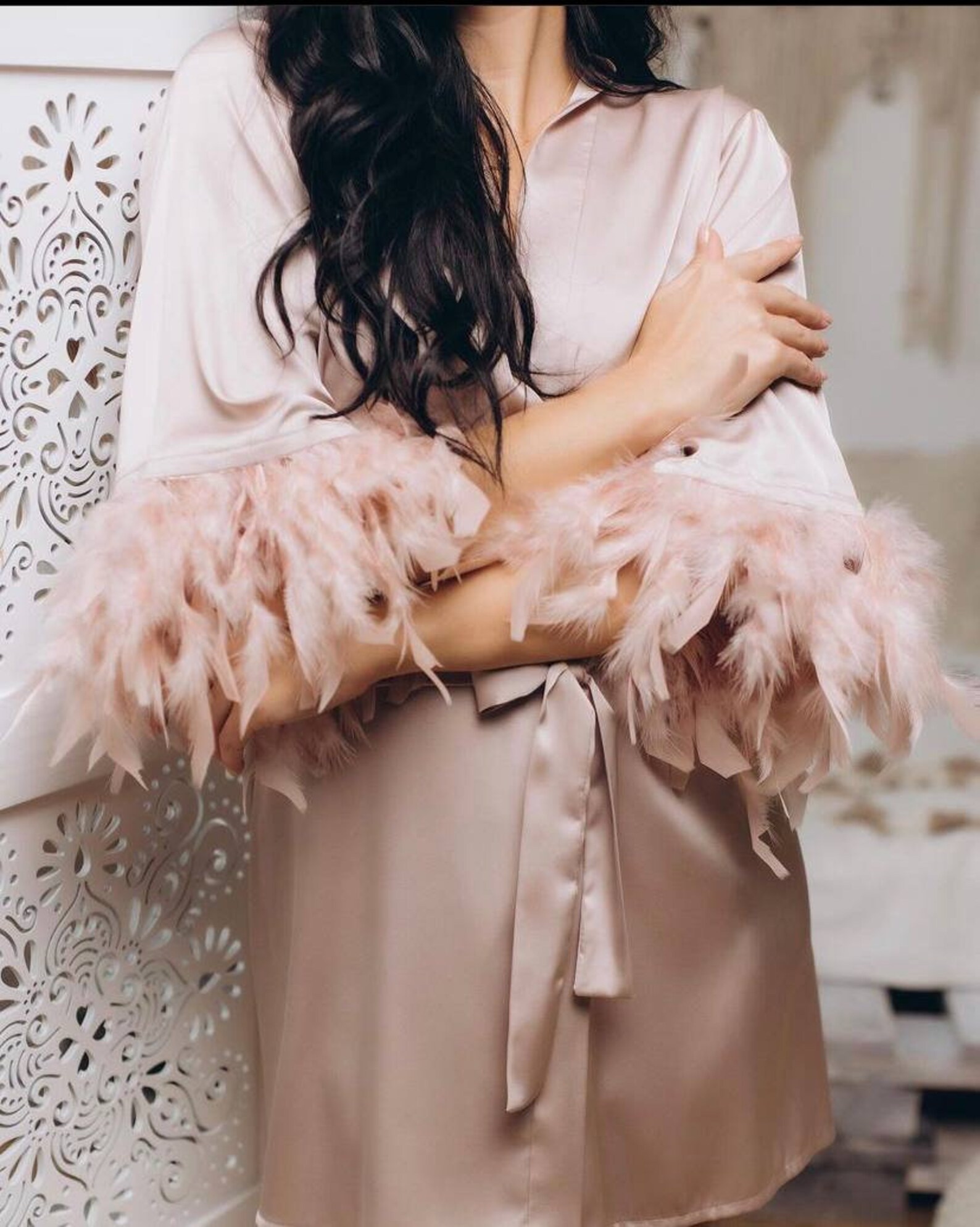 Blush Feather Robe Feather Trim Robes Feather Bridal Robe Etsy