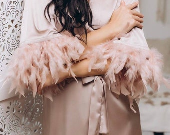 Blush Feather Bridal Robe long bridal robe Ostrich Feather Trim Dressing Gown blush kimono robe  Pink Marabou Feather Hollywood Style Robe
