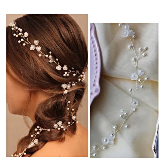 Bridal Hair Vine: Boho Wedding Flower Pearl Headpiece - Etsy display picture 2