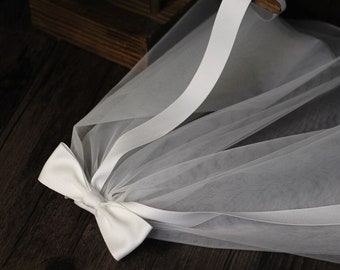 Korea Short Wedding Veil with Bow Hen Party Veil Bridal Shower Veil Shoulder Length Veil with Satin Bow Bridal hair bow boho veil