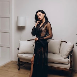 Black Lace Robe Silk Lace Bridal Party Robes Sheer lace robe Gothic Long Black Lace Robe lace bridal robe lace night robe Black wedding image 2